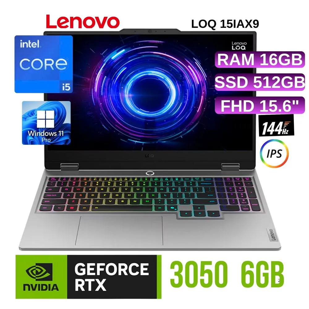 LAPTOP GAMING LENOVO LOQ 15IAX9 GAMING Intel Core i5-12450HX 2.4Ghz 8 Nucleos Max. Velocidad 4.4Ghz 12MB Smart Cache 16GB DDR5 Disco Sólido 512GB M.2