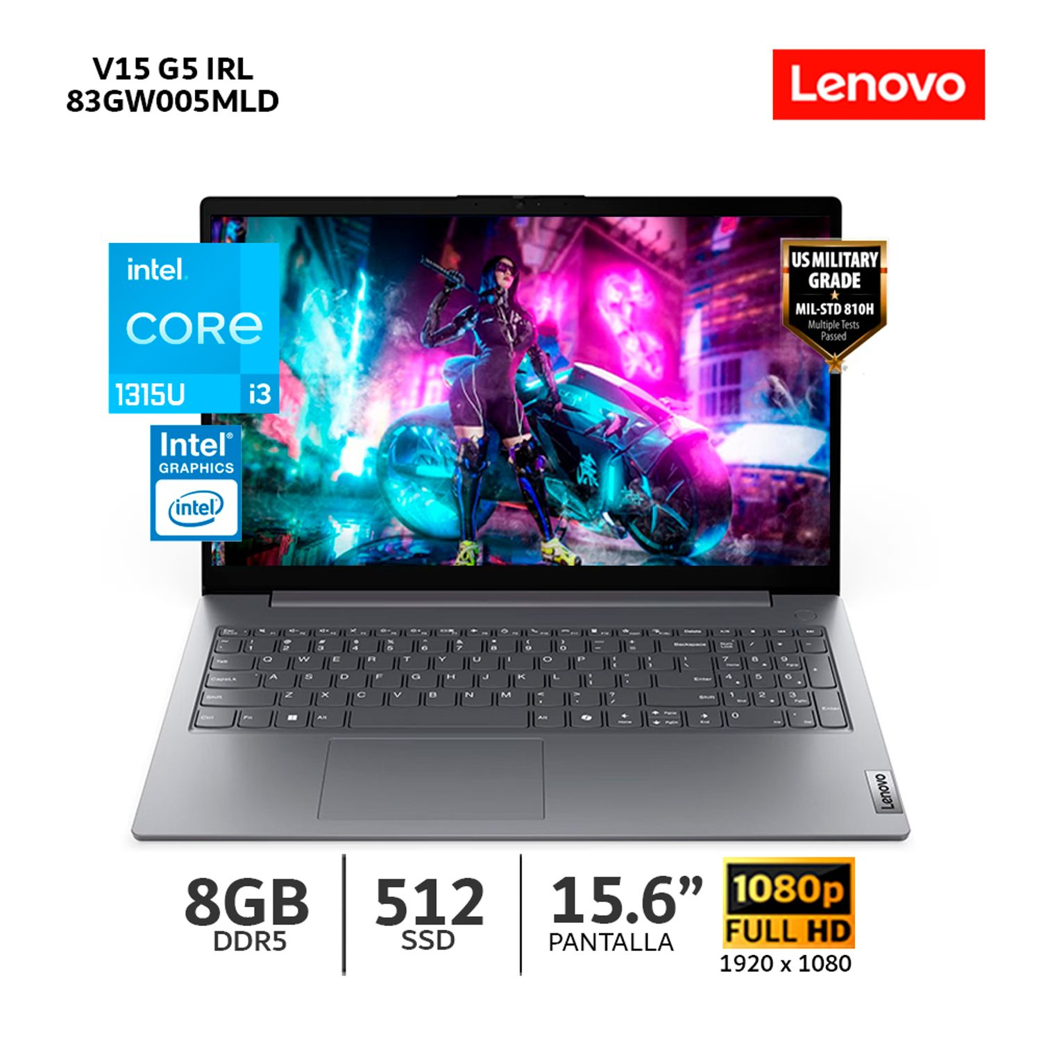 LAPTOP LENOVO V15 G5 INTEL CORE i3 1315U 8GB (1x 8GB) SODIMM DDR5-5200 SSD 512GB