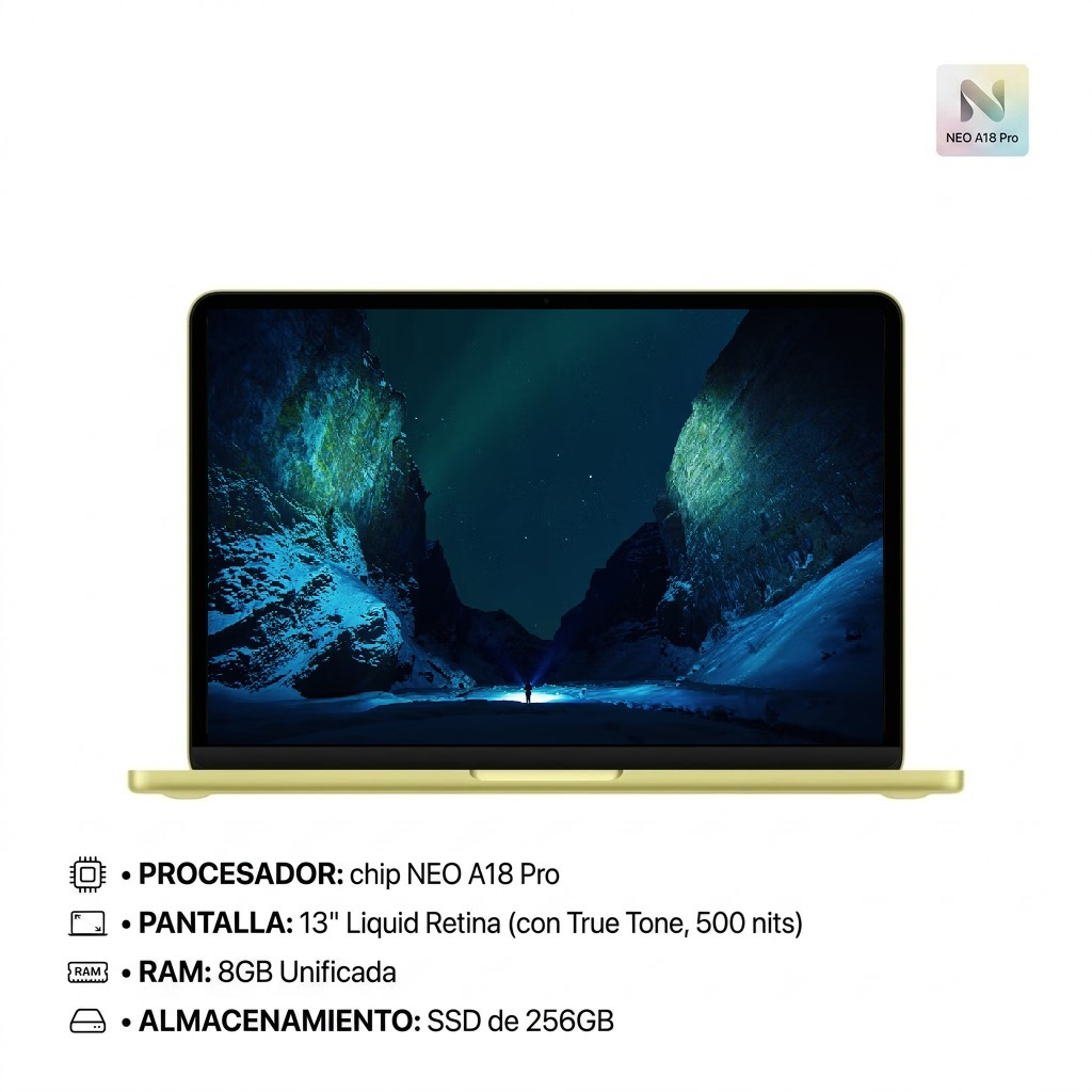 LAPTOP APPLE MACBOOK NEO 13 Chip A18 Pro de Apple (CPU de 6 núcleos y GPU de 5 núcleos) 8GB RAM SSD 256GB