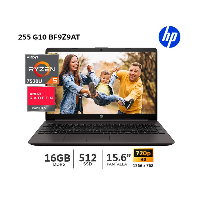 LAPTOP HP 255R G10 AMD RYZEN 5-7520U 16 GB LPDDR5-5500 SSD 512GB