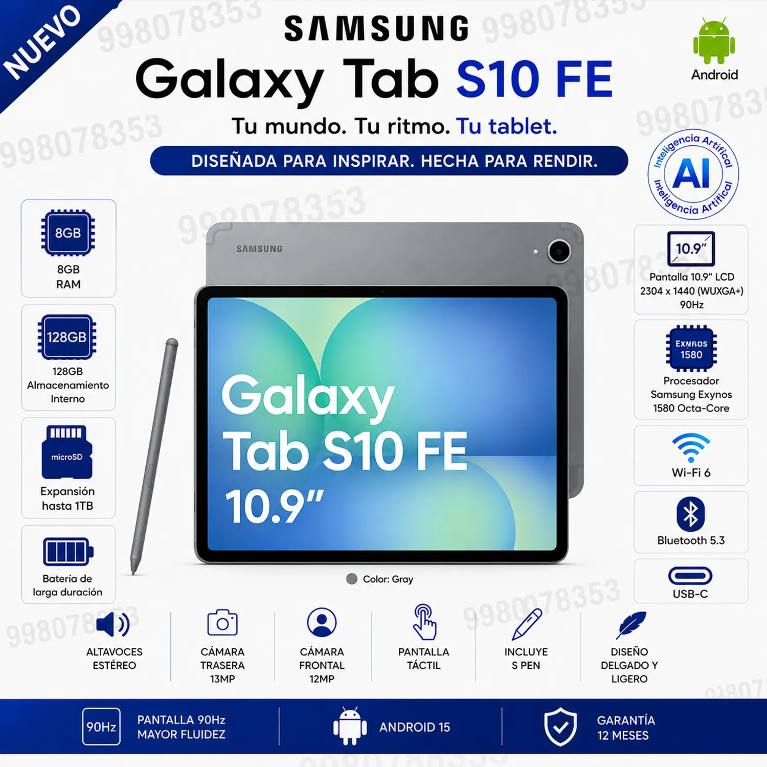 TABLET SAMSUNG GALAXY TAB S10 FE SM-X520 EXYNOS 1580 OCTA CORE HASTA 2.9GHZ 8GB 128GB Almacenamiento