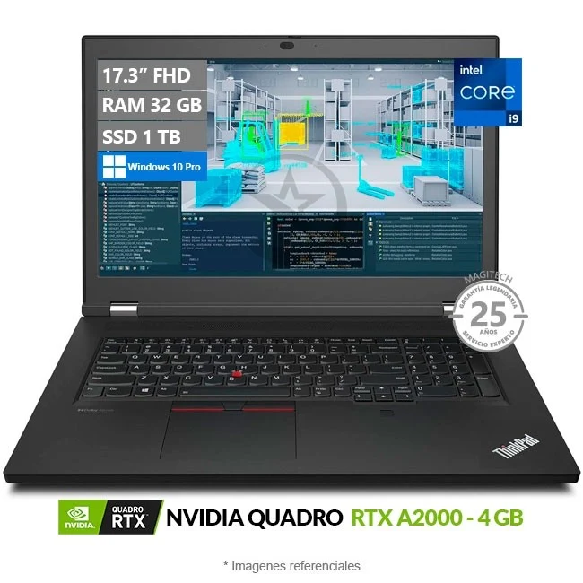WORKSTATION MOBIL LENOVO THINKPAD P17 GEN 2 Intel Core i9-11950H 2.6Ghz 8 Nucleos 16 Sub-Procesadores Maxima Velocidad Turbo 5.0Ghz 24 MB Smart Cache 32GB DDR4 3200Mhz Disco Solido 1TB M.2 PCIe Gen4 NVMe