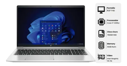 LAPTOP HP PROBOOK 450 G9 Intel Core i7-1255U 1.7Ghz 10 Nucleos 12 Sub-procesadores Max. turbo 4.7Ghz 12Mb Smart Cache 16GB DDR4 3200Mhz Disco Sólido 512GB M.2 NVMe